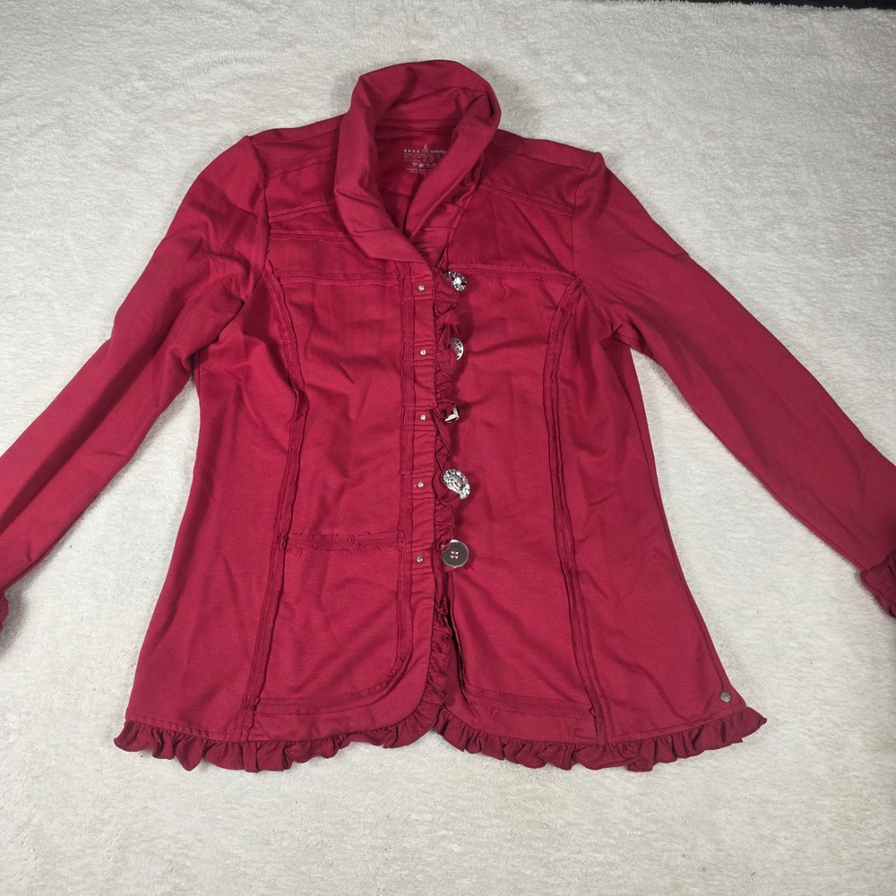 Neon Buddha Ruffle Button Up Red Jacket Women L Unique Buttons Boho Lagenlook - Picture 7 of 8